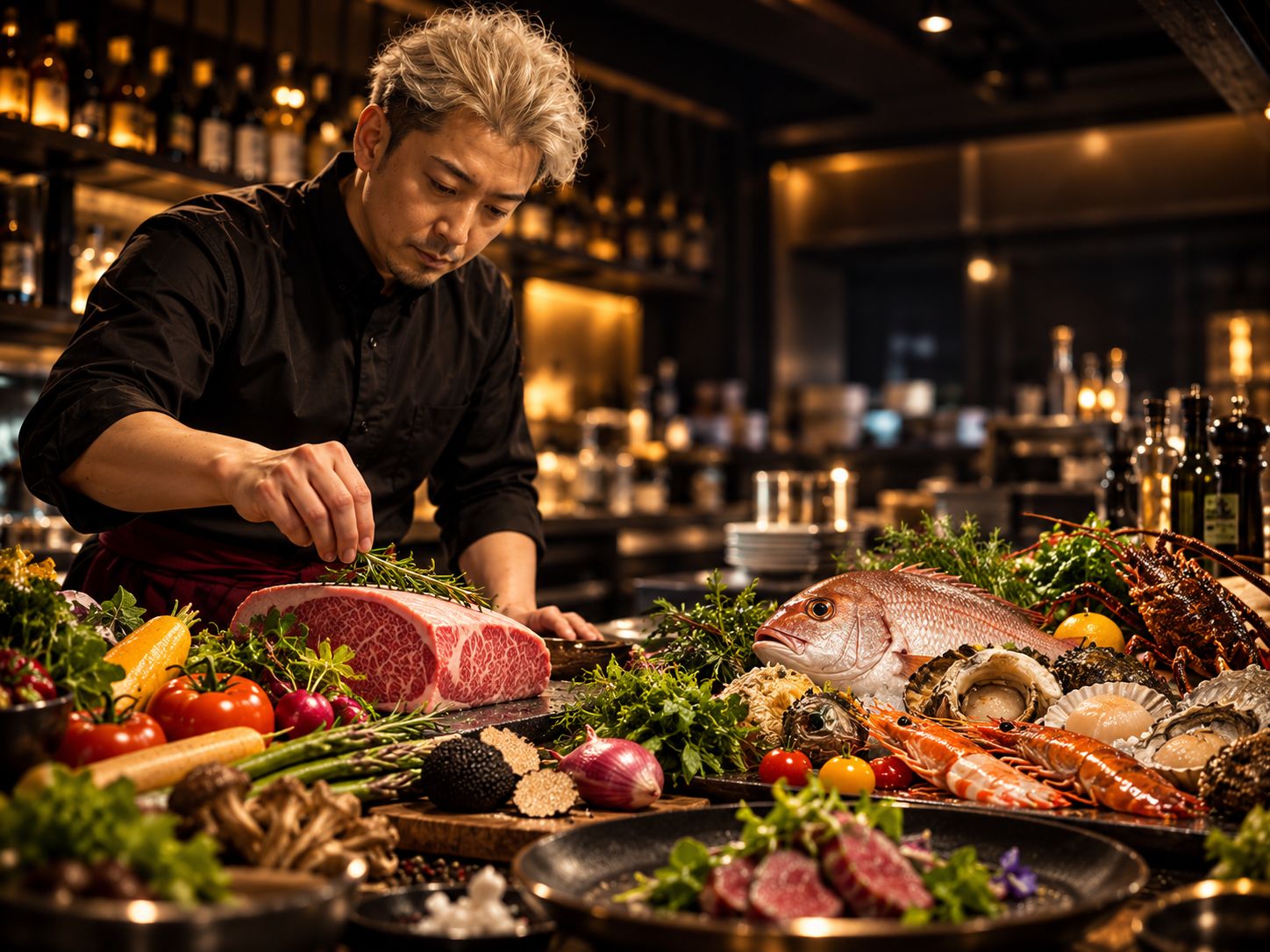 肉・魚・野菜など厳選した食材を前にするマスター